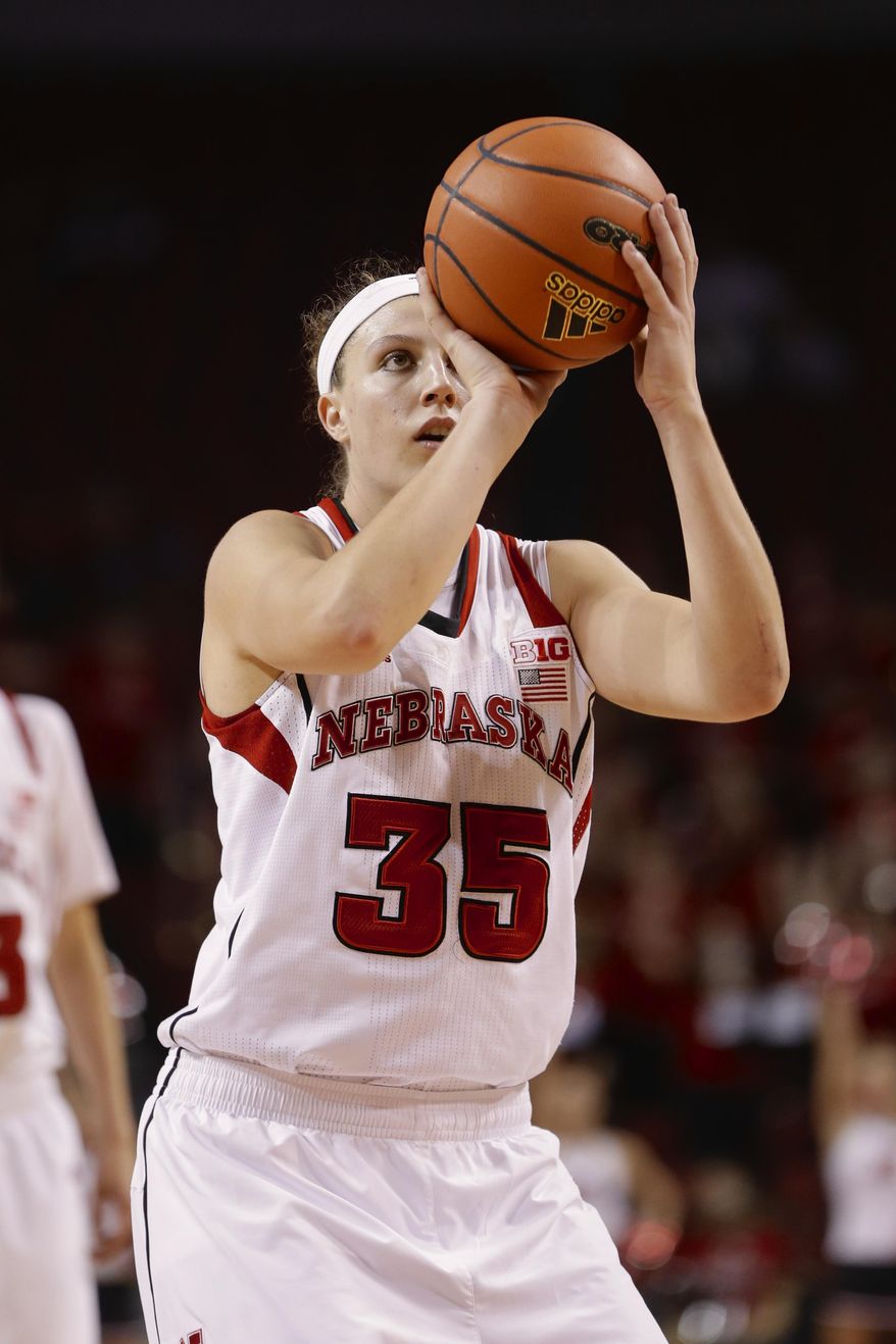 FILE - In this Nov. 27, 2013 file photo, Nebraska's Jordan Hooper shoots in an NCAA college basketball game against UMass-Lowell in Lincoln, Neb. Hooper is on the verge scoring her 2,000th career point for 18th-ranked Nebraska. If she scores 10 points against Minnesota on Thursday, Jan. 16, 2014, she'll become the fourth player in program history to achieve the milestone. (AP Photo/Nati Harnik, File)