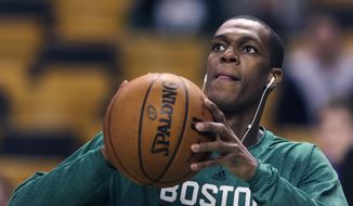 Boston Celtics guard Rajon Rondo takes a shot prior to the Celtics&#39; NBA basketball game against the Toronto Raptors, in Boston on Wednesday, Jan. 15, 2014. Rondo took a step toward returning to action on Wednesday, working out with members of Boston&#39;s NBA Development League team at the Celtics&#39; practice facility earlier in the day. (AP Photo/Charles Krupa)