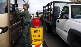 FILE - This July 29, 2010 file photo shows a Border Patrol agent checking the identification card of a bus driver at a checkpoint in Amado, Ariz. The American Civil Liberties Union reported Wednesday Jan. 15, 2014 that border patrol agents at checkpoints across southern Arizona are routinely violating the constitutional rights of U.S. residents, including unjustified detentions and illegal searches as a pretext to investigating other criminal activity in violation of the agency&#39;s mandate that stops be limited to inquiring about citizenship and visually inspecting vehicles.  (AP Photo/Jae C. Hong, file)