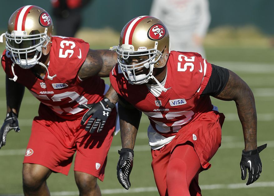San Francisco 49ers linebacker NaVorro Bowman (53) and linebacker Patrick Willis (52) practice at an NFL football training facility in Santa Clara, Calif., Wednesday, Jan. 15, 2014. The 49ers are scheduled to play the Seattle Seahawks for the NFC Championship on Sunday. (AP Photo/Jeff Chiu)
