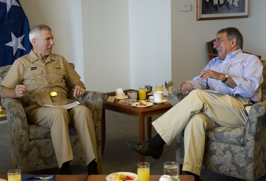 **FILE** Secretary of Defense Leon E. Panetta meets with USPACOM Commander, Adm. Sam Locklear, on a visit to PACOM Headquarters at Camp Smith, Hi., May 31, 2012. (DoD photo by Erin A. Kirk-Cuomo)