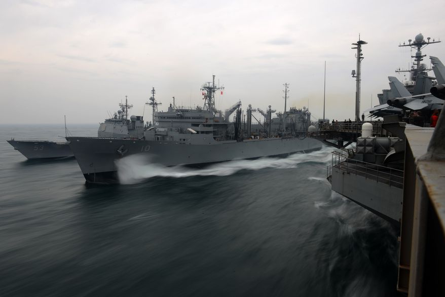 U.S. 5TH FLEET AREA OF RESPONSIBILITY (Jan. 29, 2013) The Ticonderoga-class guided-missile cruiser USS Mobile Bay (CG 53) and the Military Sealift Command fast combat support ship USNS Bridge (T-AOE 10) steam alongside the aircraft carrier USS John C. Stennis (CVN 74) during a replenishment-at-sea. John C. Stennis is deployed to the U.S. 5th Fleet area of responsibility conducting maritime security operations, theater security cooperation efforts and support missions for Operation Enduring Freedom. (U.S. Navy photo by Mass Communication Specialist 2nd Class Kenneth Abbate/Released) 130129-N-OY799-301
Join the conversation
http://www.facebook.com/USNavy
http://www.twitter.com/USNavy
http://navylive.dodlive.mil