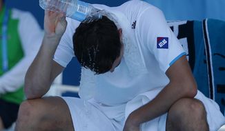 Jerzy Janowicz of Poland pours water over himself during his third round loss to Florian Mayer of Germany at the Australian Open tennis championship in Melbourne, Australia, Friday, Jan. 17, 2014.(AP Photo/Aijaz Rahi)