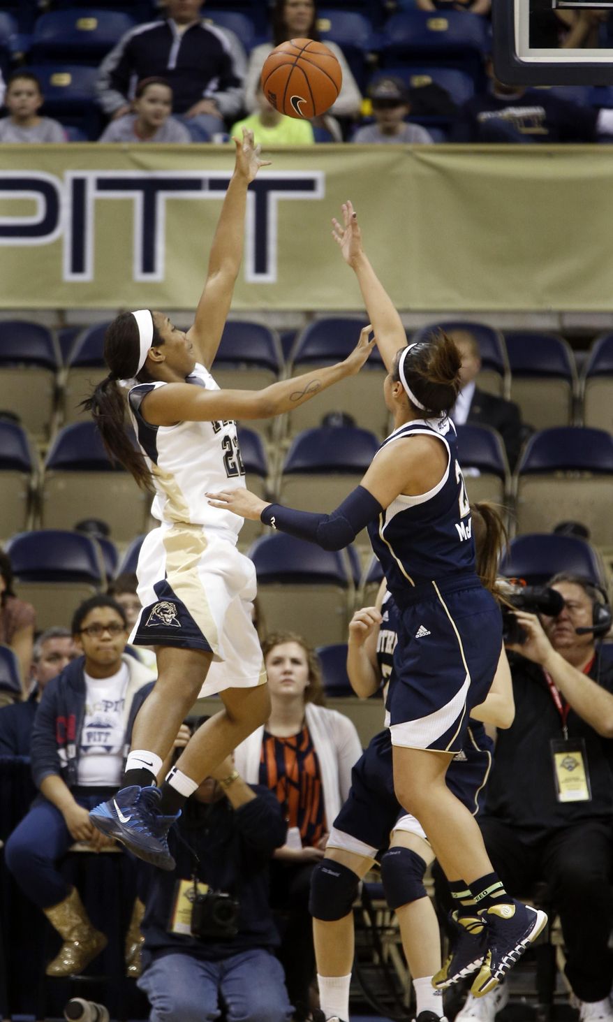 Pittsburgh's Chelsea Welch, left, shoots over Notre Dame's Kayla McBride during the first half of an NCAA college basketball game Thursday, Jan. 16, 2014, in Pittsburgh. (AP Photo/Keith Srakocic)