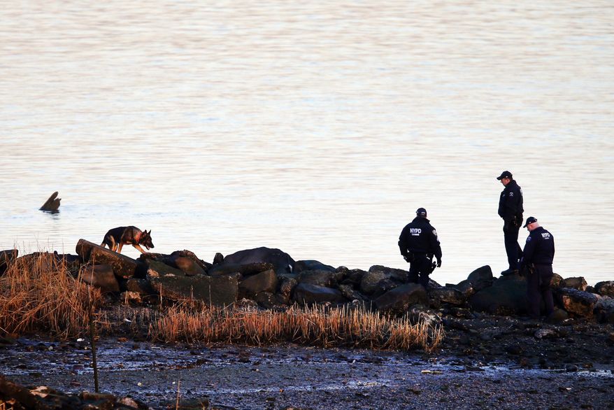 A New York Police Department canine unit continues the search for human remains after an arm and legs were discovered along a rocky shoreline in the Queens borough of New York, Friday, Jan. 17, 2014. Police were investigating whether human remains found along the shore of New York City's East River could be those of an autistic teen who walked out of his school and vanished more than three months ago, a law enforcement official said Friday. Fourteen-year-old Avonte Oquendo has been missing since Oct. 4, the day he walked out of his school. Authorities are not clear whether the remains found Thursday belong to the missing teen. They were discovered at least 11 miles driving distance from his school. (AP Photo/Jason DeCrow)