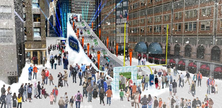 FILE - In this undated artist’s rendering provided by the National Football League, a proposed toboggan slide is set up in Times Square in New York. A stretch of Broadway from 34th Street to 48th will be closed to traffic, renamed "Super Bowl Boulevard," and converted into a rollicking theme park, merchandise shop and concert venue. (AP Photo/National Football League, File)