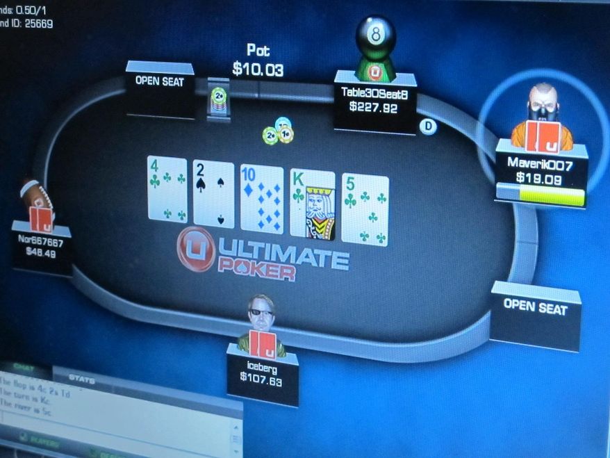This Nov. 26, 2013 photo shows a game of Internet poker under way on a computer screen in Roselle Park NJ. Internet gambling got off to a slow start in New Jersey, taking in $8.4 million over the last few weeks of 2013, but casino executives and Wall Street analysts expect it to pick up steam in 2014. (AP Photo/Wayne Parry)
