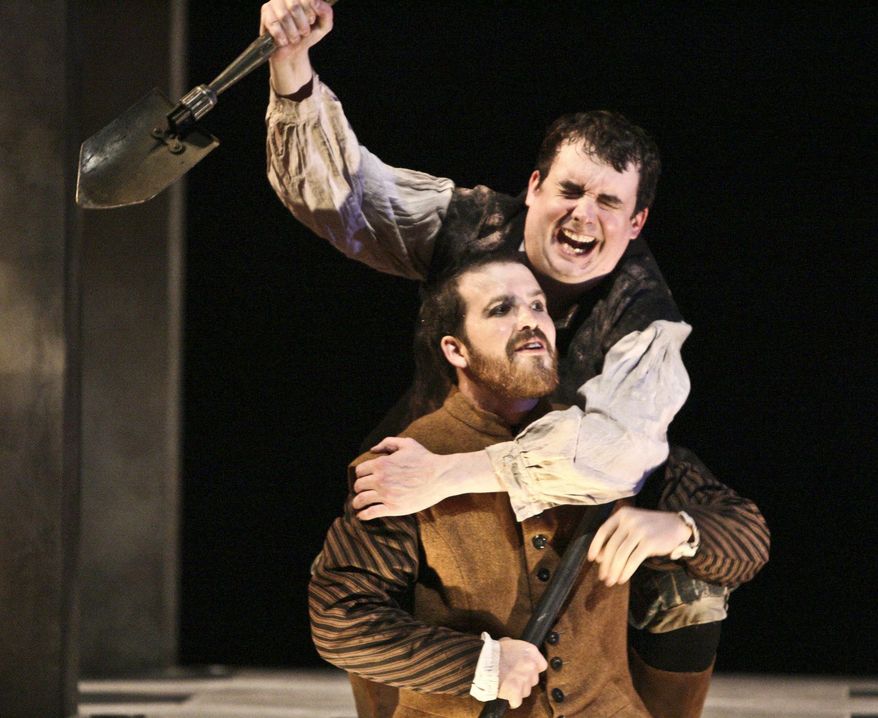This image released by The Acting Company shows Grant Fletcher Prewitt and Ian Gould in "Rosencrantz and Guildenstern Are Dead." The tells the absurdist story of the Danish Prince's childhood friends, who are sent to spy on Hamlet and end up as confused courtiers navigating the shark-infested waters of the royal court. (AP Photo/The Acting Company, Michael Lamont)
