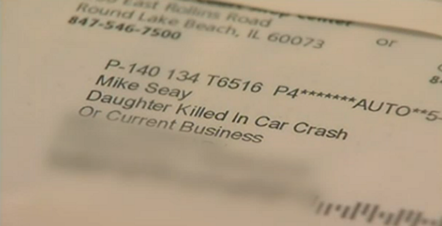 Mike Seay claims he received a letter from OfficeMax on Thursday addressed to "Mike Seay, Daughter Killed in Car Crash, or Current Business."(NBC 5 Chicago)