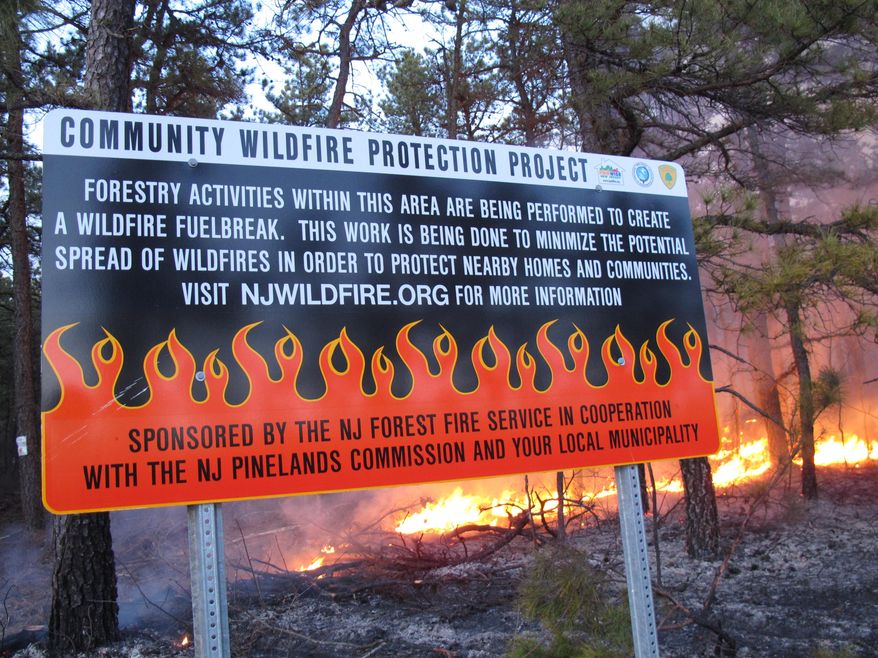 FILE- This Feb. 23, 2012 photo shows fire burning in the Pinelands in Lacey Township N.J. behind a sign advertising that state environmental officials are conducting controlled burns of the forest floor. The small, deliberately set and closely watched fires are designed to eliminate leaves, pine needles and other flammable material that could fuel a larger forest fire. New Jersey is moving to expand the controlled burns throughout the state. (AP Photo/Wayne Parry)