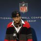 San Francisco 49ers quarterback Colin Kaepernick speaks during a news conference after the NFL football NFC Championship game against the Seattle Seahawks, Sunday, Jan. 19, 2014, in Seattle. The Seahawks won 23-17 to advance to Super Bowl XLVIII. (AP Photo/Ted S. Warren)