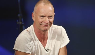 FILE - In this Nov. 10, 2013 file photo, British singer Sting smiles during the Italian State RAI TV program "Che Tempo che Fa", in Milan, Italy. Sting and Paul Simon are rehearsing for their upcoming tour, a couple of longtime friends and neighbors preparing to take turns singing some of each other's biggest hits. "He's the master," Sting said Monday, Jan. 20, 2014, by satellite from New York. "If I ever wanted to emulate a literary and literate songwriter, then Paul Simon would be the person I would go to." (AP Photo/Antonio Calanni, file)