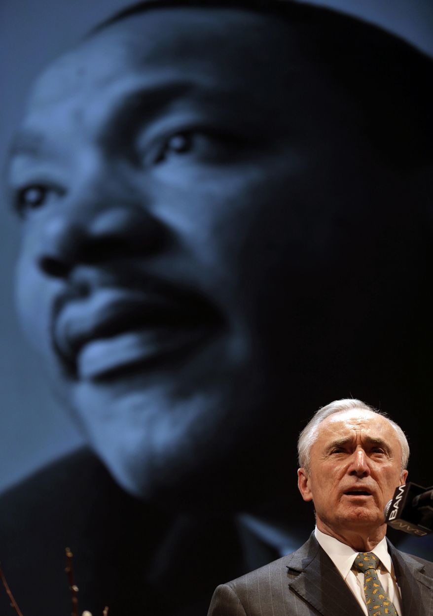 New York City Police Commissioner Bill Bratton speaks at a tribute to Martin Luther King, Jr. in the Brooklyn borough of New York, Monday, Jan. 20, 2014. Mayor Bill De Blasio told a packed audience Monday at the Brooklyn Academy of Music that the "price of inequality has deepened." The mayor says economic inequality is closing doors for hard-working people in the city and around the country. (AP Photo/Seth Wenig)
