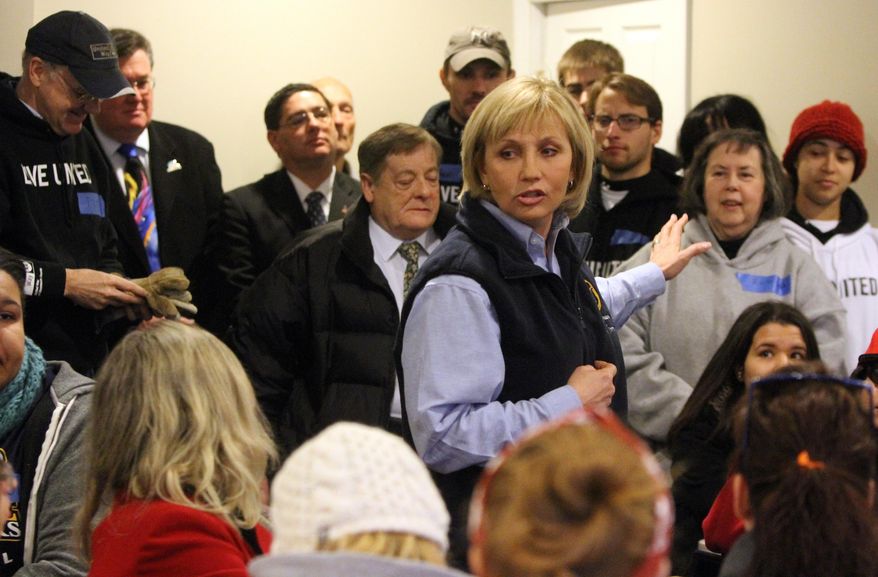 Lt. Gov. Kim Guadagno speaks to a group of volunteers during the Dr. Martin Luther King, Jr. National Day of Service in Union Beach, N.J., Monday, Jan. 20, 2014.   Guadagno denied allegations by the Hoboken mayor  that Superstorm Sandy relief funding was withheld from Hoboken because the mayor wouldn't sign off on a politically connected real estate venture.   (AP Photo/The Asbury Park Press, Tanya Breen)  NO SALES
