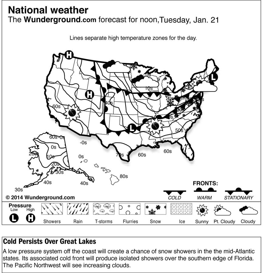 A low pressure system off the coast will create a chance of snow showers in the the mid-Atlantic states. Its associated cold front will produce isolated showers over the southern edge of Florida. The Pacific Northwest will see increasing clouds.
