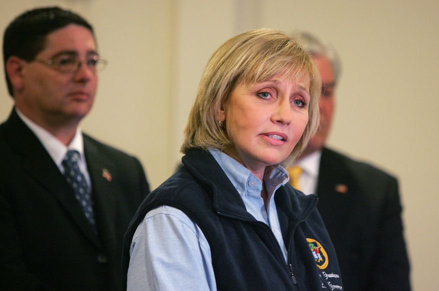 Lt. Gov. Kim Guadagno speaks to the press during the the Dr. Martin Luther King, Jr. National Day of Service in Union Beach, N.J., Monday, Jan. 20, 2014.   Guadagno denied allegations by the Hoboken mayor  that Superstorm Sandy relief funding was withheld from Hoboken because the mayor wouldn't sign off on a politically connected real estate venture.   (AP Photo/The Asbury Park Press, Tanya Breen)  NO SALES