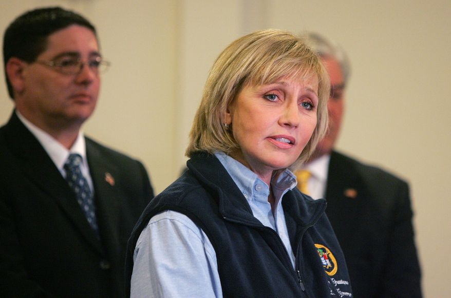 Lt. Gov. Kim Guadagno speaks to the press during the the Dr. Martin Luther King, Jr. National Day of Service in Union Beach, N.J., Monday, Jan. 20, 2014.   Guadagno denied allegations by the Hoboken mayor  that Superstorm Sandy relief funding was withheld from Hoboken because the mayor wouldn't sign off on a politically connected real estate venture.   (AP Photo/The Asbury Park Press, Tanya Breen)  NO SALES
