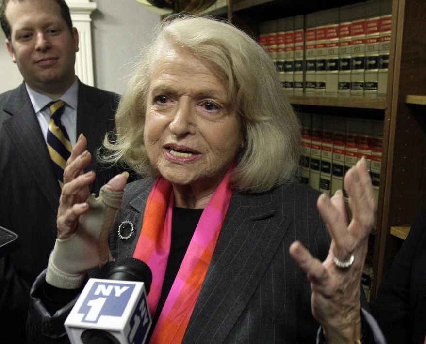 FILE - This Oct. 18, 2012 file photo shows Edith Windsor interviewed at the offices of the New York Civil Liberties Union, in New York. When it comes to things like estate taxes, the federal recognition of same-sex marriage will help legally married gay and lesbian couples. That was the issue in the Supreme Court decision in the case of Windsor, who had to pay estate taxes after her lesbian spouse died. (AP Photo/Richard Drew, File)