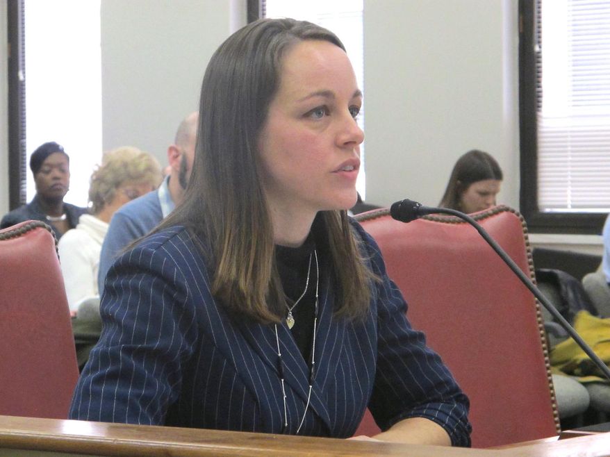 Jessica Hanak-Coulter, the deputy director of human services for the South Carolina Department of Social Services addresses South Carolina state senators during a hearing in Columbia, S.C., on Wednesday, Jan. 22, 2014. A senate subcommittee has been looking into reported problems at the state agency that deals with the welfare of children and their families. (AP Photo/Bruce Smith)