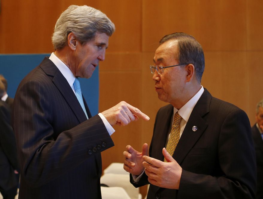 U.S. Secretary of State John Kerry, left, talks to U.N. Secretary-General Ban Ki-moon prior to the Syrian peace talks in Montreux, Switzerland, Wednesday, Jan. 22, 2014. The peace talks in the Swiss city of Montreux marked the first time the opposition and the Syrian government will sit down face to face since their dispute began in March 2011. (AP Photo/Arnd Wiegmann, pool)