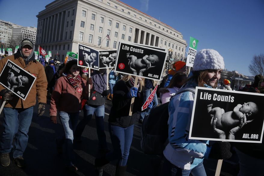 Anti-abortion demonstrators gather for the annual March for Life on the National Mall in Washington, Wednesday, Jan. 22, 2014. Thousands of anti-abortion demonstrators are gathering in Washington for an annual march to protest the Supreme Court's landmark 1973 decision that declared a constitutional right to abortion. (AP Photo/Charles Dharapak)