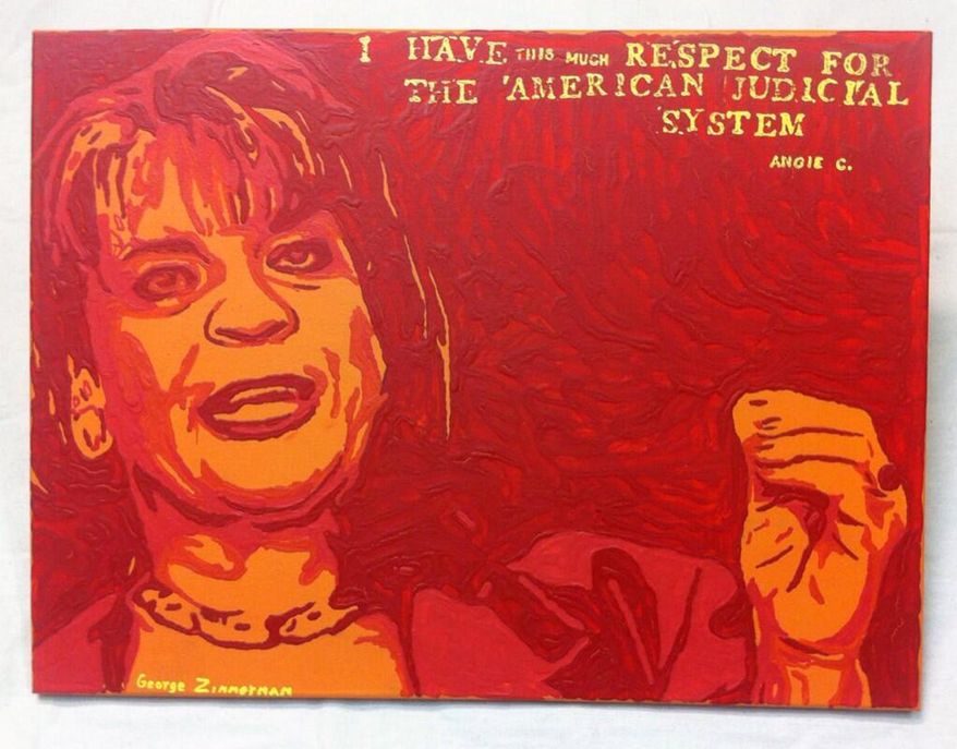 This undated photo provided by Robert Zimmerman Jr. shows a painting by his brother, George Zimmerman, portraying northeast Florida state attorney Angela Corey, the special prosecutor who charged him with second-degree murder in the 2012 shooting death of 17-year-old Trayvon Martin. Robert Zimmerman Jr. posted his brother's new painting, titled "Angie", Wednesday, Jan. 22, 2014, on Twitter. He said details about its sale would follow Thursday. (AP Photo/Courtesy Robert Zimmerman Jr.)
