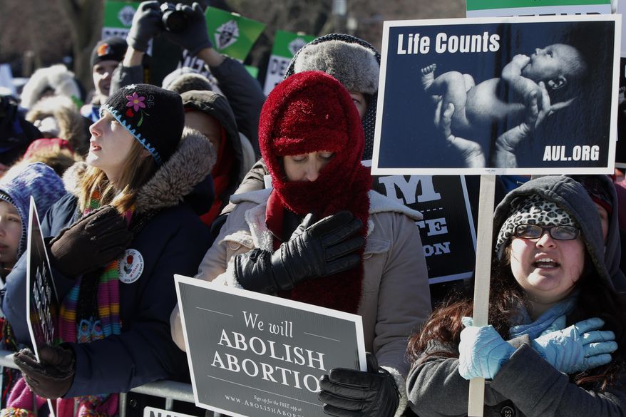 Anti-abortion demonstrators put their hands to their hearts as they recite the Pledge of Allegiance as they rally at the annual March for Life, Wednesday, Jan. 22, 2014, on the National Mall in Washington. Thousands of anti-abortion demonstrators are gathering in Washington for an annual march to protest the Supreme Court's landmark 1973 decision that declared a constitutional right to abortion. (AP Photo/Charles Dharapak)