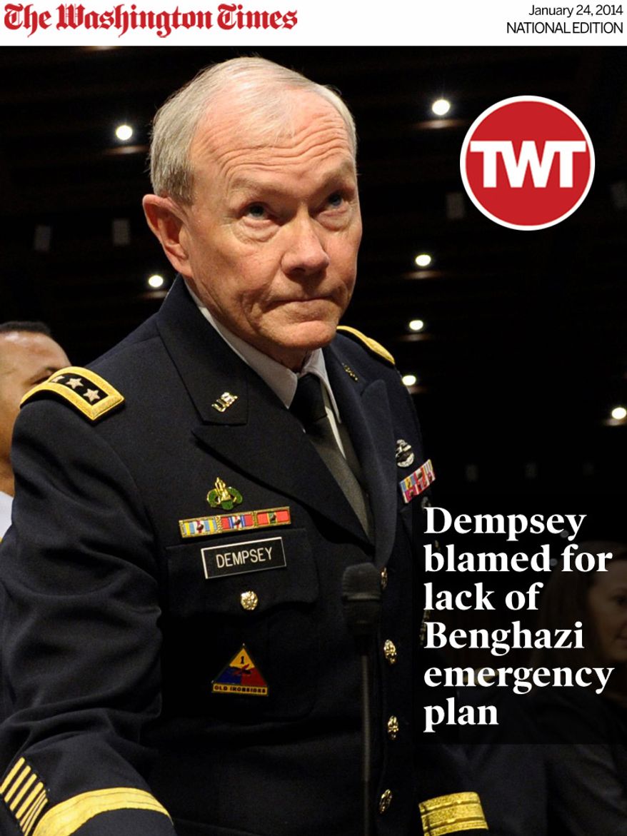 National Edition News cover for January 24, 2014 - Dempsey blamed for lack of Benghazi emergency plan: Joint Chiefs Chairman Gen. Martin Dempsey arrives on Capitol Hill in Washington, Tuesday, June 4, 2013, to to testify before the Senate Armed Services Committee hearing on pending legislation regarding sexual assaults in the military. Determined to stop sexual assault in the military, Congress is spelling out for the services how far lawmakers are willing to go in changing the decades-old military justice system. (AP Photo/Susan Walsh)