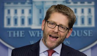 White House press secretary Jay Carney speaks during his daily news briefing at the White House in Washington, Thursday, Jan. 23, 2014. Carney talked about President Barack Obama&#x27;s upcoming State of the Union Address, the Ukraine and other topics. (AP Photo/Carolyn Kaster)