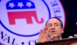 **FILE** Mike Huckabee speaks during the Republican National Committee&#39;s annual winter meeting in Washington on Jan. 23, 2014. (Andrew Harnik/The Washington Times)