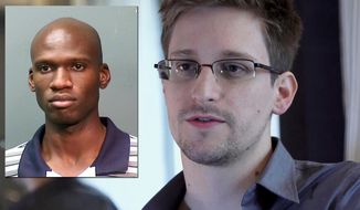 Washinton Navy Yard shooter Aaron Alexis and Edward Snowden (TWT Photo Illustration)

FILE - This June 9, 2013 file photo provided by The Guardian Newspaper in London shows National Security Agency leaker Edward Snowden, in Hong Kong. Snowden says his &quot;mission&#x27;s already accomplished&quot; after leaking NSA secrets that have caused a reassessment of U.S. surveillance policies. Snowden told The Washington Post in a story published online Monday night, Dec. 23, 2013, he has &quot;already won&quot; because journalists have been able to tell the story of the government&#x27;s collection of bulk Internet and phone records. (AP Photo/The Guardian, Glenn Greenwald and Laura Poitras, File)