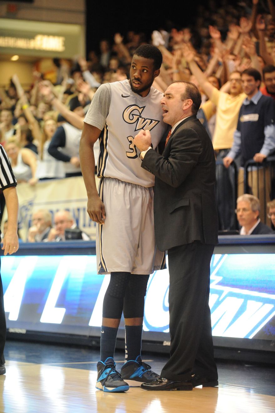 George Washington coach Mike Lonergan and the 15-3 Colonials are getting a boost from the presence of senior forward Isaiah Armwood. Credit: Mitchell Layton/GW Athletics Communications