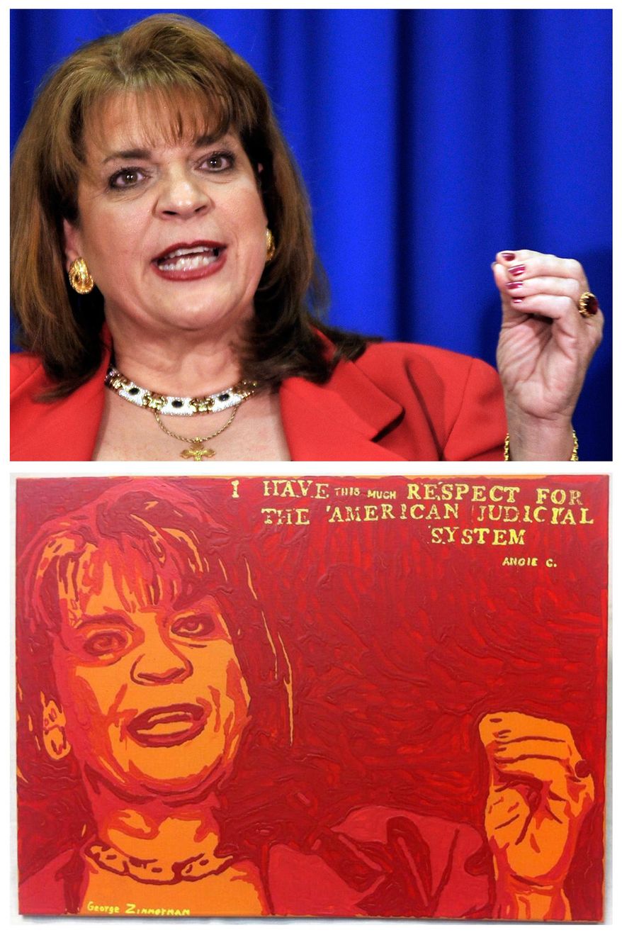 This combination image shows an Associated Press photo, top, of Florida State Attorney Angela Corey, taken in Jacksonville, Fla., on April 11, 2012, during her announcement of second-degree murder charges against George Zimmerman in the shooting death of Trayvon Martin, and a painting, bottom, by George Zimmerman that portrays Angela Corey, titled "Angie." The Associated Press has demanded that Zimmerman halt the sale of the painting because the news agency says it directly copies the AP photo above. (AP Photo/Rick Wilson)