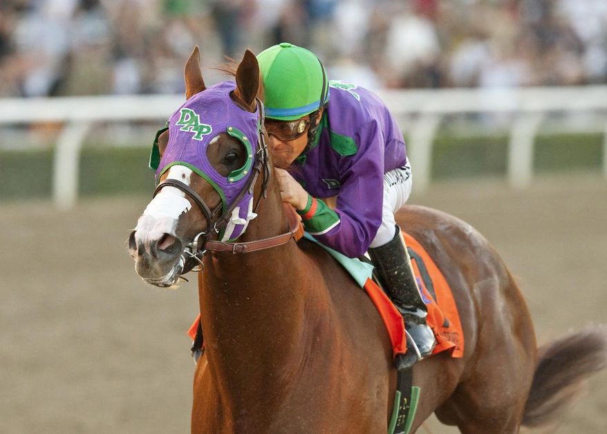 In a photo provided by Benoit Photo, California Chrome and jockey Victor Espinoza win the $250,000 California Cup Derby horse race, Saturday, Jan. 25, 2014, at Santa Anita in Arcadia, Calif. (AP Photo/Benoit Photo)