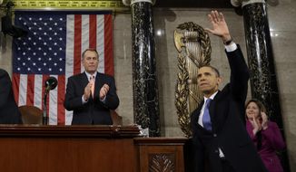 FILE - In this Feb. 12, 2013, file photo, President Barack Obama waves and House Speaker John Boehner of Ohio applauds after the president gave his State of the Union address during a joint session of Congress on Capitol Hill in Washington. (AP Photo/Charles Dharapak, Pool)