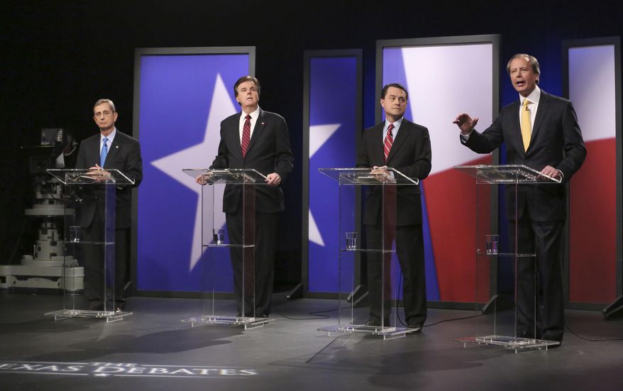 Republican Texas lieutenant governor candidates from left, Land Commissioner Jerry Patterson, Sen. Dan Patrick, Agricultural Commissioner Todd Staples listen to Lt. Gov. David Dewhurst answer a question during a debate at KERA studios in Dallas, Monday, Jan. 27, 2014. The four Republican candidates are vying to be Texas lieutenant governor, a post considered to be the most powerful in the state. (AP Photo/LM Otero,Pool)