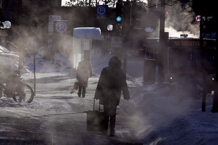 A woman walks through the steamed sidewalks near Minneapolis Central Library in the frigid cold, Monday Jan. 27, 2014 in Minneapolis, Minn. Subzero temperatures, high winds and drifting snow have closed schools and major roadways in Minnesota, with state officials cautioning against unnecessary travel. (AP Photo/The Star Tribune, Jerry Holt) MANDATORY CREDIT; ST. PAUL PIONEER PRESS OUT; MAGS OUT; TWIN CITIES TV OUT