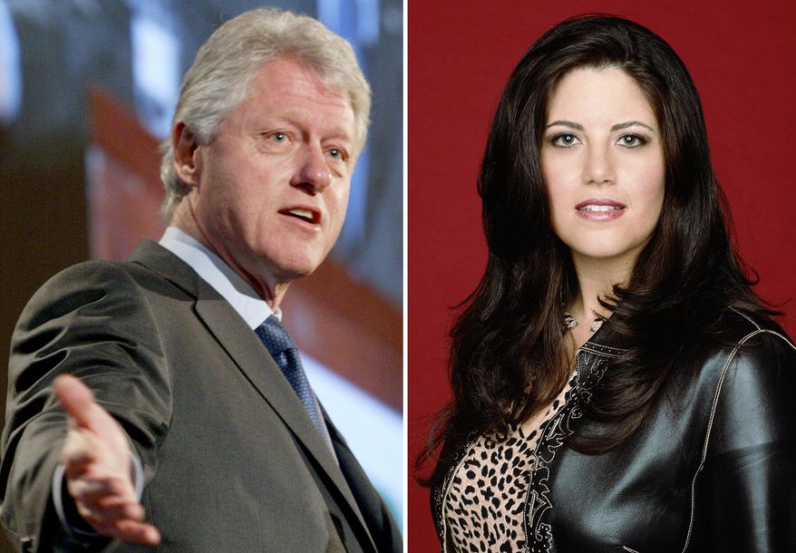 Former President Clinton, left, is seen on March 9, 2004, in New York. Monica Lewinsky, is shown in an undated promotional photo provided by Fox. (AP Photo/Mary Altaffer/FOX, S.Jones, File)