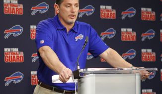 Jim Schwartz meets with the media in Orchard Park, N.Y., Monday, Jan. 27, 2014 after the Buffalo Bills hired him as their defensive coordinator. Schwartz, the former head coach of the Detroit Lions, replaces Mike Pettine, who was hired  as coach of the Cleveland Browns. (AP Photo/The Buffalo News, Harry Scull Jr.) TV OUT; MAGS OUT; MANDATORY CREDIT; BATAVIA DAILY NEWS OUT; DUNKIRK OBSERVER OUT; JAMESTOWN POST-JOURNAL OUT; LOCKPORT UNION-SUN JOURNAL OUT; NIAGARA GAZETTE OUT; OLEAN TIMES-HERALD OUT; SALAMANCA PRESS OUT; TONAWANDA NEWS OUT