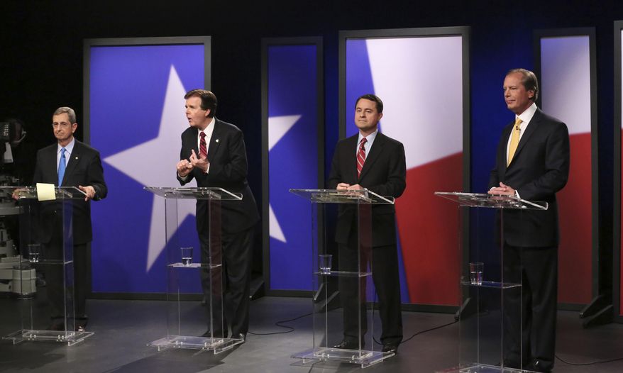 Republican Texas lieutenant governor candidates from left, Land Commissioner Jerry Patterson, Sen. Dan Patrick, Agricultural Commissioner Todd Staples and Lt. Gov. David Dewhurst participate in a debate at KERA studios in Dallas, Monday, Jan. 27, 2014. The four Republican candidates are vying to be Texas lieutenant governor, a post considered to be the most powerful in the state. (AP Photo/LM Otero,Pool)