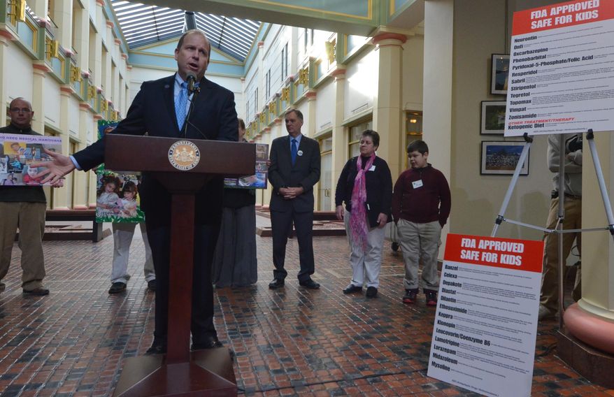 Pennsylvania state Sen. Daylin Leach, D-Montgomery, speaks at a news conference in the Capitol with parents who say their seizure-wracked children might benefit from oil extracted from marijuana, on Tuesday, Jan. 28, 2014 in Harrisburg. Leach is a prime sponsor of legislation to legalize medical marijuana. (AP Photo/Marc Levy)