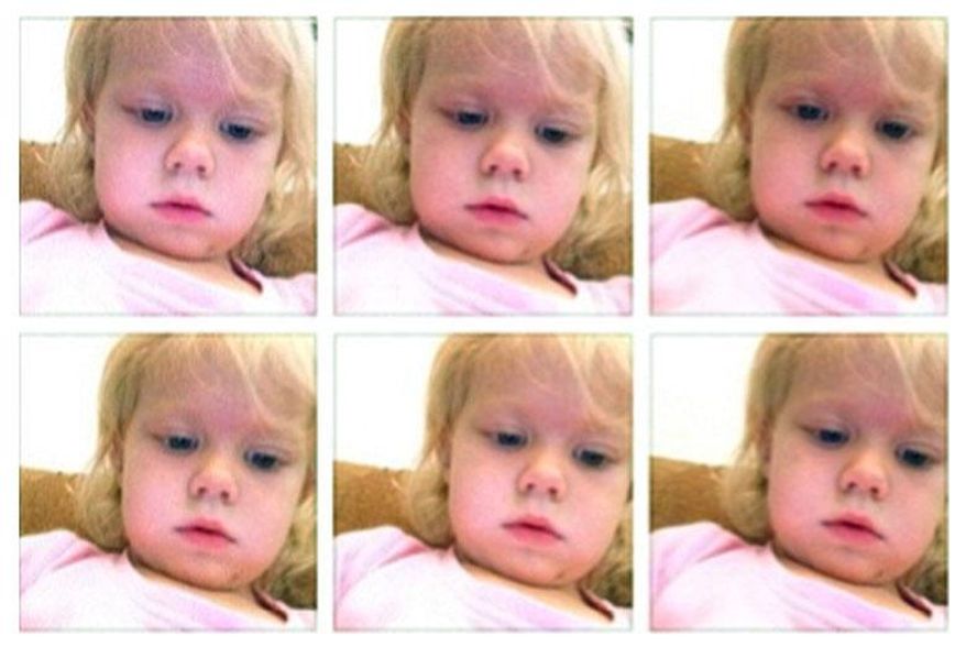 This January 2014 screen grab shows a photo collage provided by Brandi Koskie of her daughter, Paisley, 3, in selfies that Paisley shot on her mother’s phone in an unsupervised moment at her Wichita, Kansas home. An increasing number of parents of toddlers are finding their tech-savvy 2- and 3-year-old kids are obsessed with selfies. (AP Photo/Brandi Koskie)