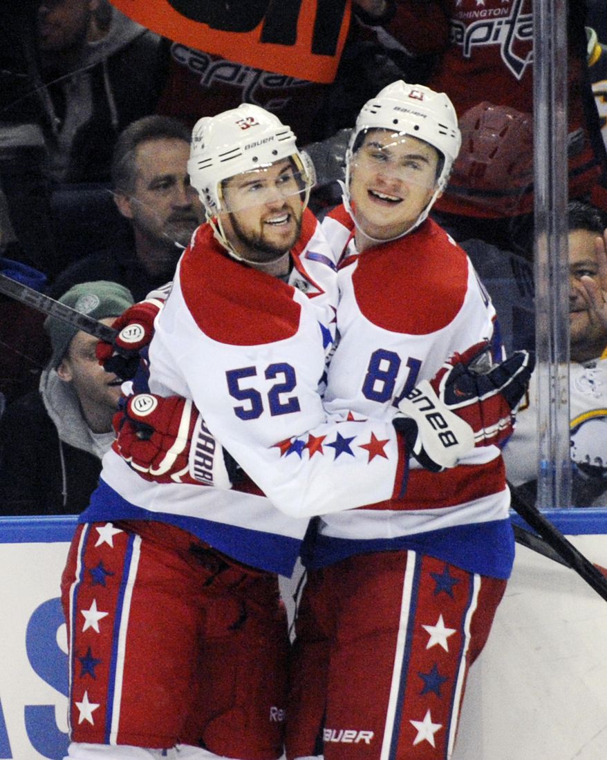 Washington Capitals&#39; defenseman Mike Green (52) celebrates his goal with defenseman Dmitry Orlov (81), of Russia, during the second period of an NHL hockey game against the Buffalo Sabres in Buffalo, N.Y., Tuesday, Jan. 28, 2014. (AP Photo/Gary Wiepert)