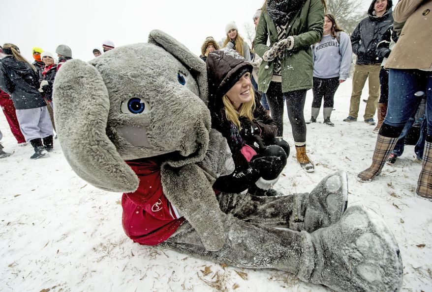 Shannon Moen grabs a photo with University of Alabama mascot Big Al as he made an appearance on the Quad as snow fell Tuesday, Jan. 28, 2014 in Tuscaloosa, Ala. A winter storm that would probably be no big deal in the North all but paralyzed the Deep South on Tuesday, bringing snow, ice and teeth-chattering cold, with temperatures in the teens in some places. (AP Photo/AL.com, Vasha Hunt) MAGS OUT