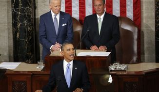 President Barack Obama takes the podium to give his State of the Union address on Capitol Hill in Washington, Tuesday Jan. 28, 2014. Vice President Joe Biden and House Speaker John Boehner of Ohio are behind the president. (AP Photo/Charles Dharapak)