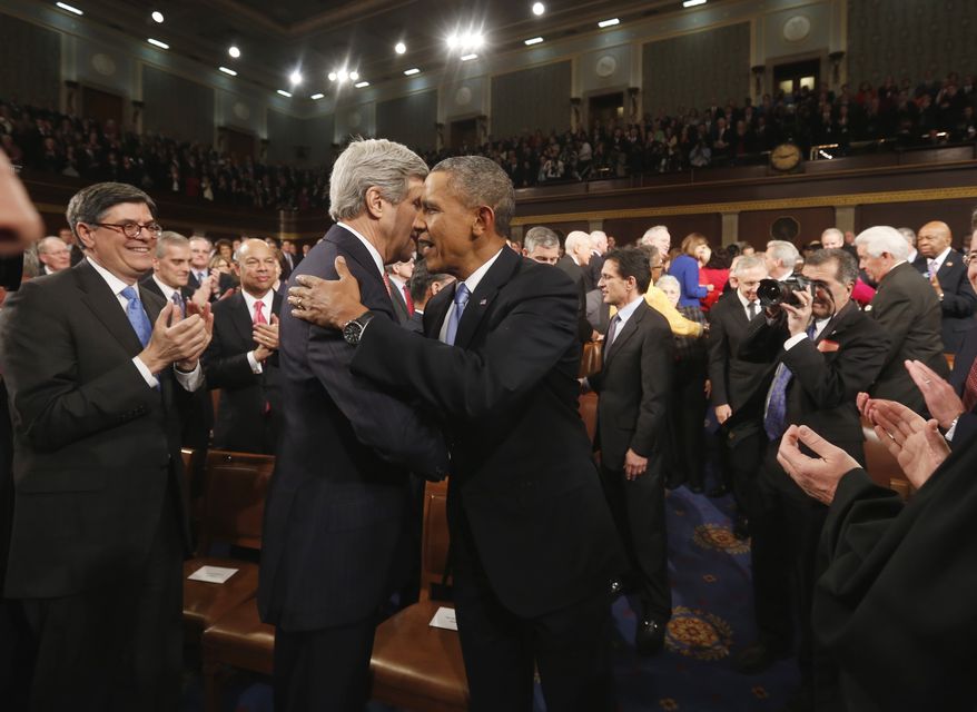 U.S. President Barack Obama talks with Secretary of State John Kerry (C) as Secretary of the Treasury Jack Lew (L) looks on before the start of the President's State of the Union speech on Capitol Hill in Washington, January 28, 2014. REUTERS/Larry Downing (UNITED STATES - Tags: POLITICS)