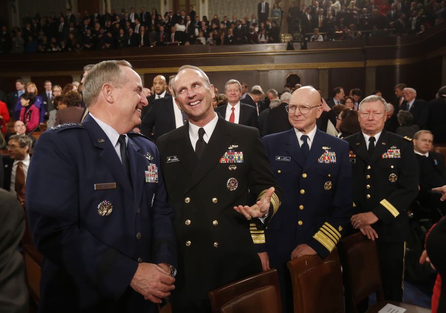 Members of the joint chiefs of staff, Air Force Chief of Staff, General Mark Welsh (L); Chief of Naval Operations, Admiral Jonathan W. Greenert (2nd from L); Commandant of the Coast Guard, Admiral Robert J. Papp, Jr.; and Chief of the National Guard Bureau, General Frank J. Grass (R); await the start of President Barack Obama's State of the Union speech on Capitol Hill in Washington, January 28, 2014. REUTERS/Larry Downing (UNITED STATES - Tags: POLITICS)