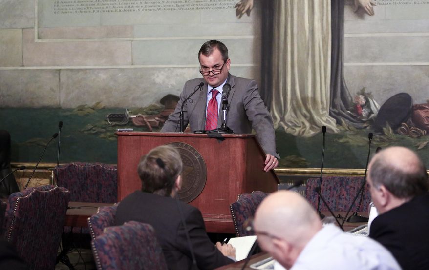 Oklahoma Senate minority leader Sean Burrage D- District 2 speaks at a legislative forum hosted by the Associated Press at the Oklahoma State Capitol in Oklahoma City on Wednesday, Jan. 29, 2014. (AP Photo/Alonzo Adams)