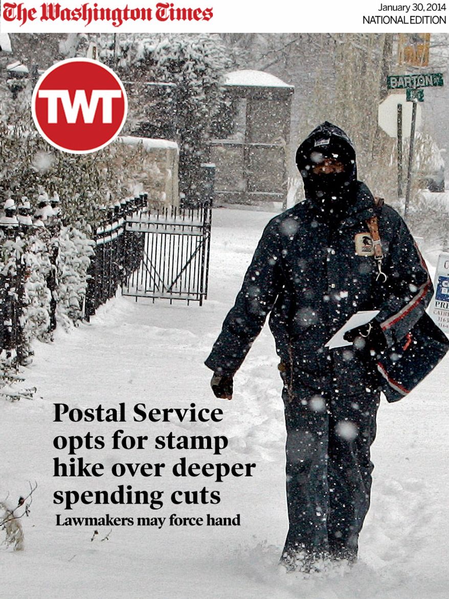 National Edition News cover for January 30, 2014 - Postal Service opts for stamp hike over deeper spending cuts: Mark Jackson, a letter carrier for the U.S. Postal Service delivers mail in St. Louis Thursday, Dec. 8, 2005 in the snow. The St. Louis area was hit with its first significant snow that dropped nearly a foot of on parts of Kansas and Missouri by Thursday afternoon. The St. Louis area received 2-4 inches. (AP Photo/James A. Finley)