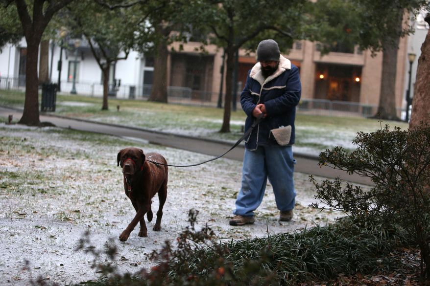 Patrick McCullers and his dog Sam walk in the freezing rain in Bienville Square in downtown Mobile, AL on Tuesday afternoon Jan. 28, 2014. (AP Photo/AL.com, Sharon Steinmann)